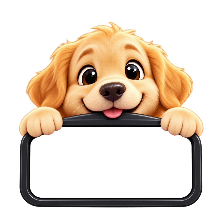 A golden puppy holding your glowing message
