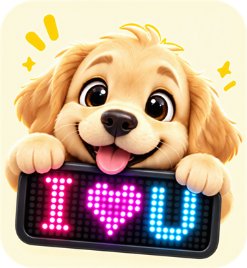 A golden puppy holding an I love you LED banner