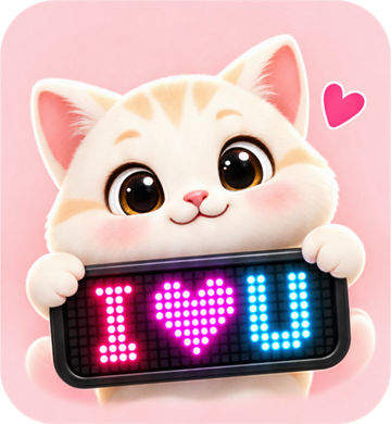 Kitten with an I love you LED banner on a peach-pink background