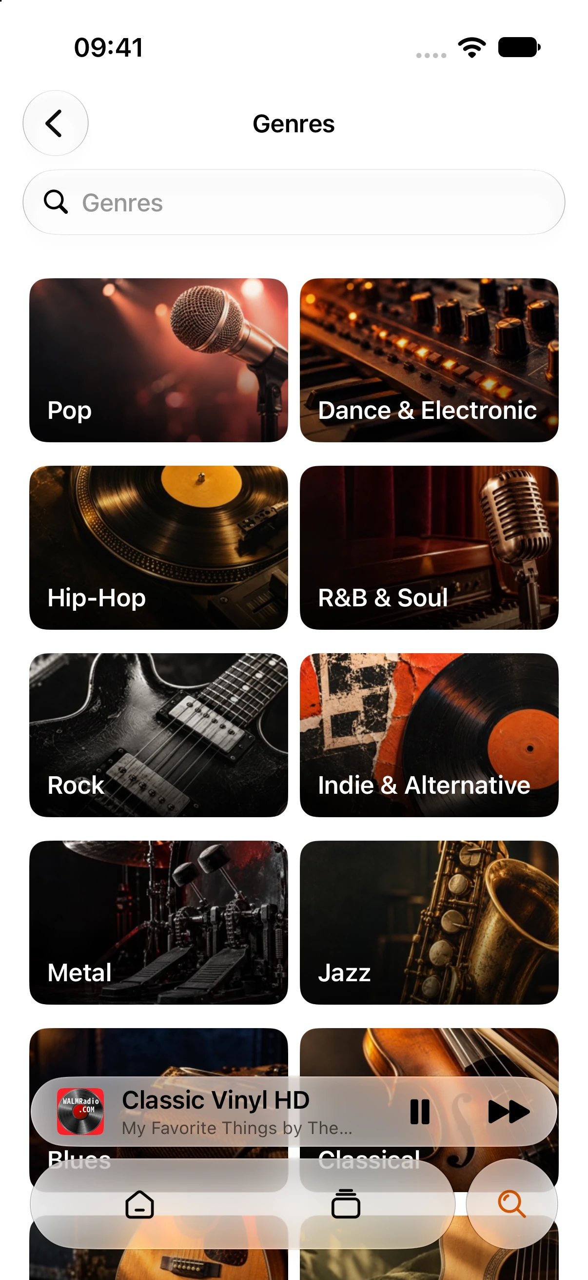 Ting Radio’s English genre browser on iPhone, with music categories and a mini player