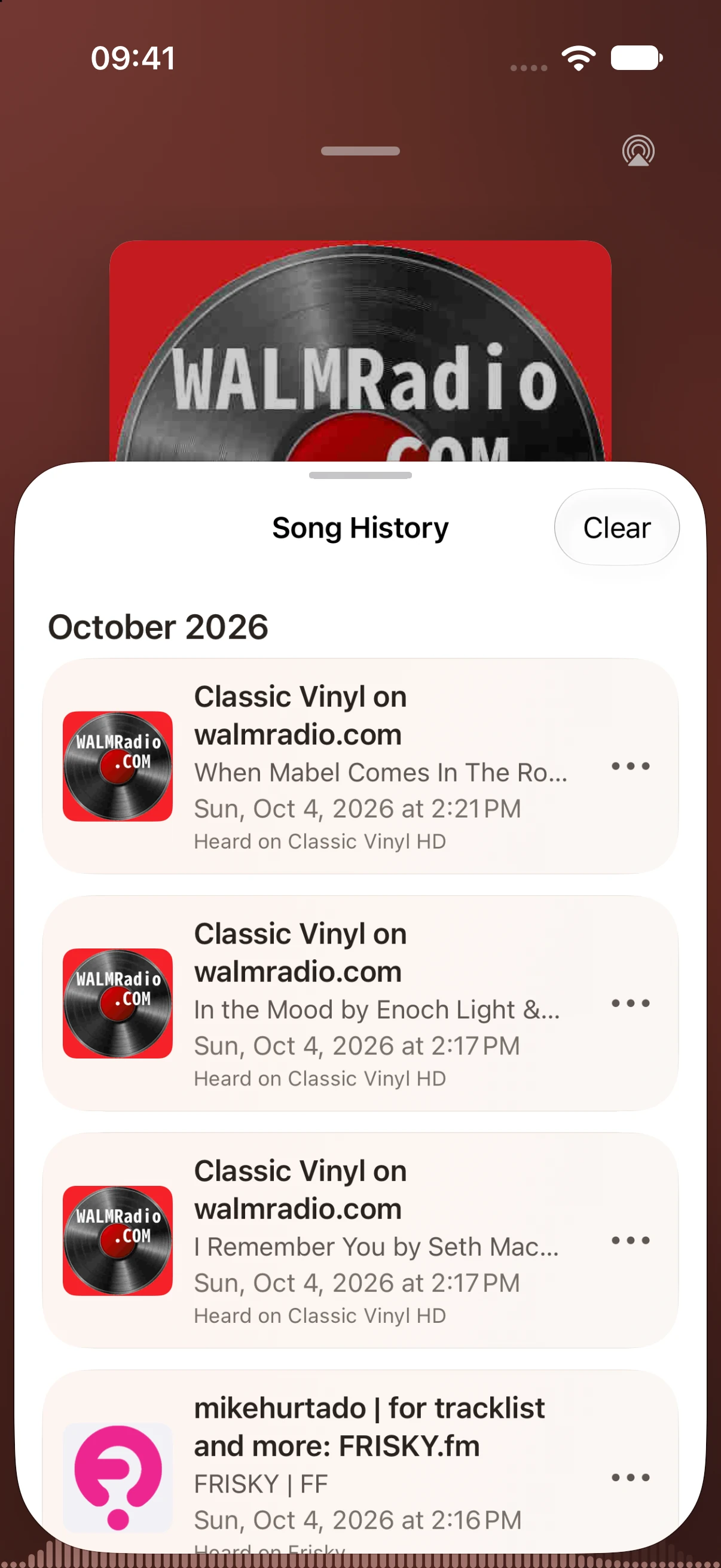 Ting Radio’s English song history on iPhone, showing tracks heard on Classic Vinyl HD and Frisky